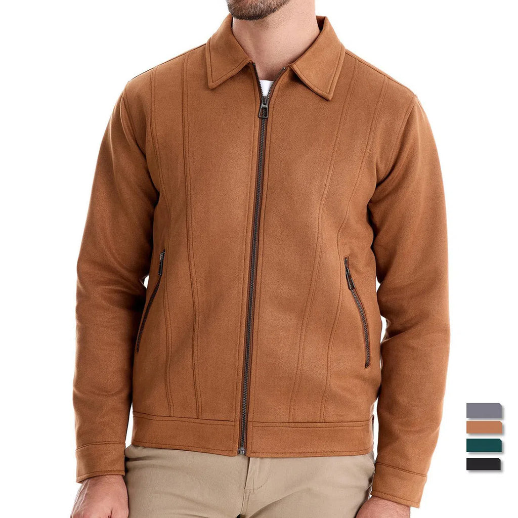 Mens suede lapel zipper jacket autumn winter solid colour outdoor coat black front view