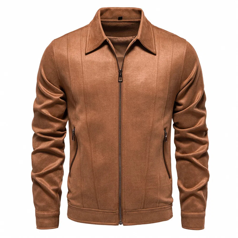Mens suede lapel zipper jacket autumn winter solid colour outdoor coat black front view