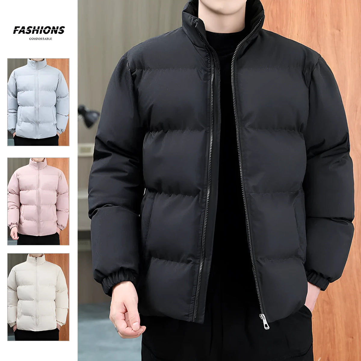 Winter stand-collar cotton coat for couples, plus velvet thicken, long sleeve, black khaki light blue or pink