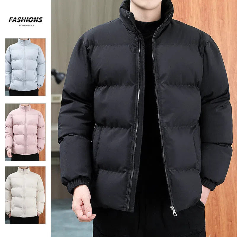 Winter stand-collar cotton coat for couples, plus velvet thicken, long sleeve, black khaki light blue or pink