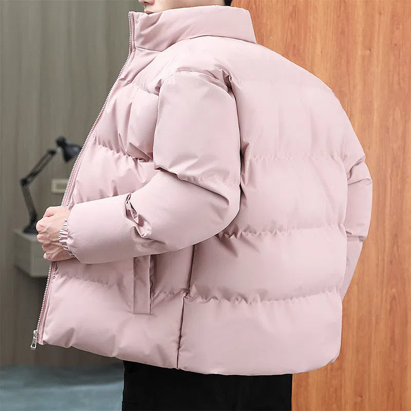 Winter stand-collar cotton coat for couples, plus velvet thicken, long sleeve, black khaki light blue or pink