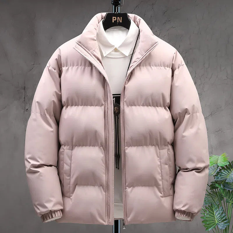 Winter stand-collar cotton coat for couples, plus velvet thicken, long sleeve, black khaki light blue or pink