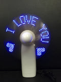 White mini handheld fan showing blue and red LED lights forming 'I Love You' message on its front.