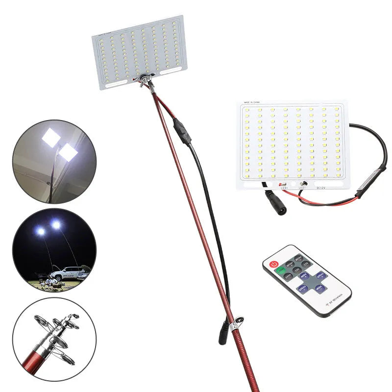 White LED fishing rod light with remote control on telescopic pole for night fishing and outdoor lighting