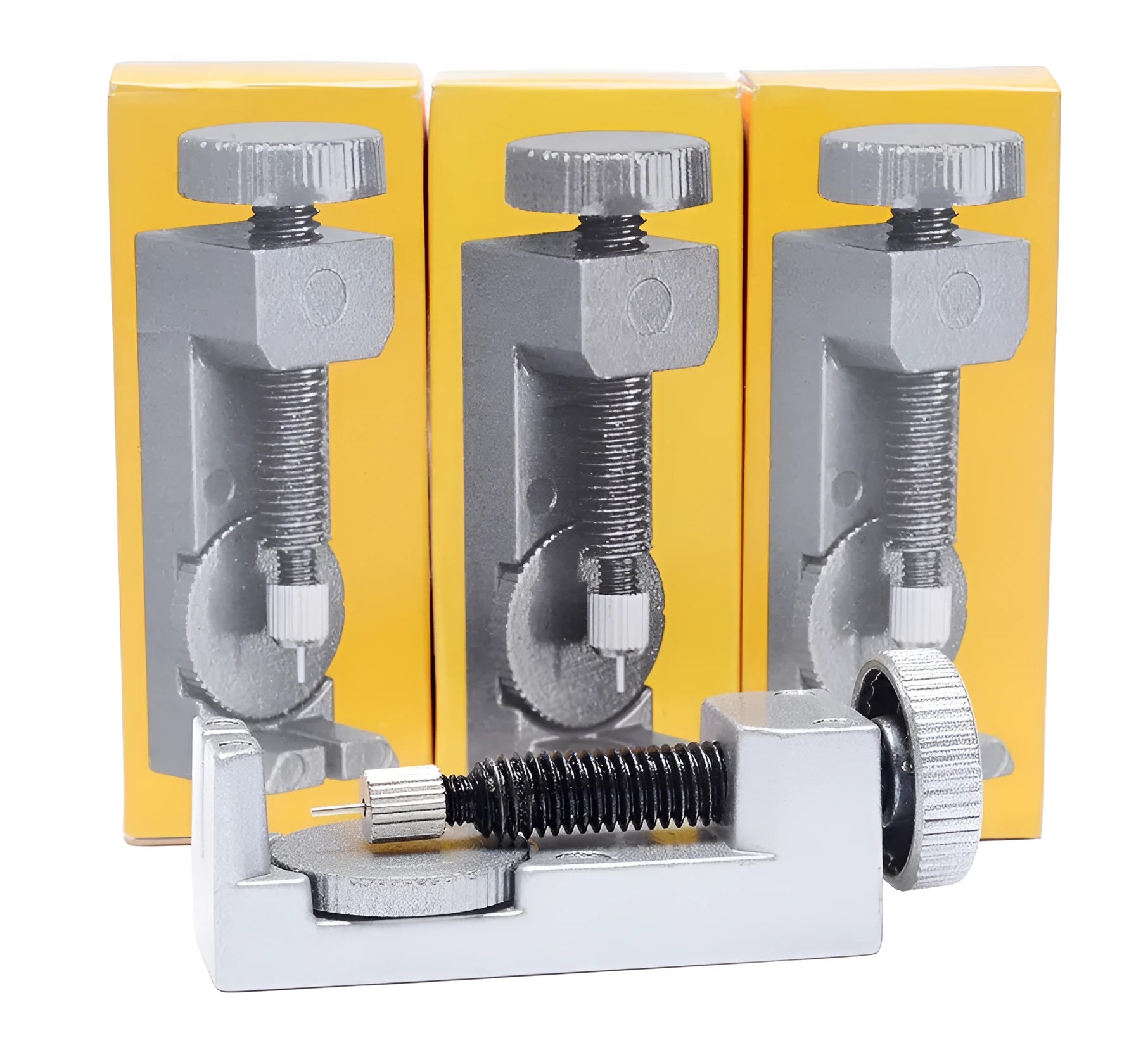 Silver metal watch strap adjuster tool with three spare needles for resizing steel bracelets