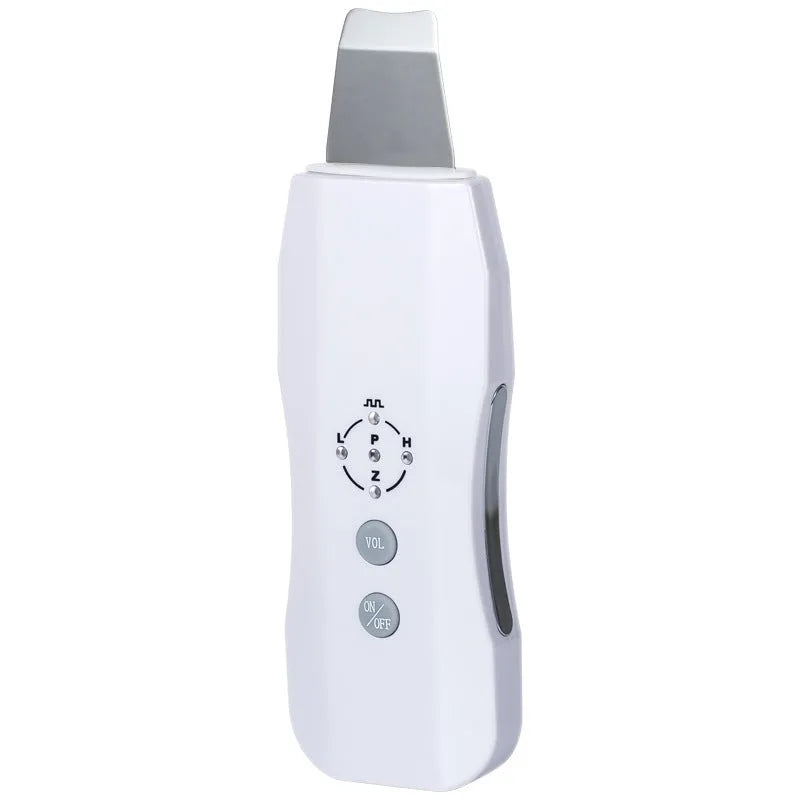 White ultrasonic facial cleanser with stainless steel head, 175x45x20mm, rechargeable 1000mAh battery
