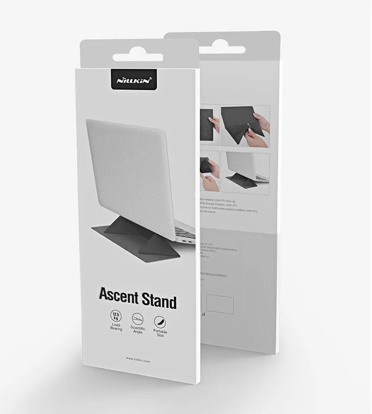 Blue foldable laptop cooling stand with non-slip surface shown open and closed, next to a 15-inch notebook.