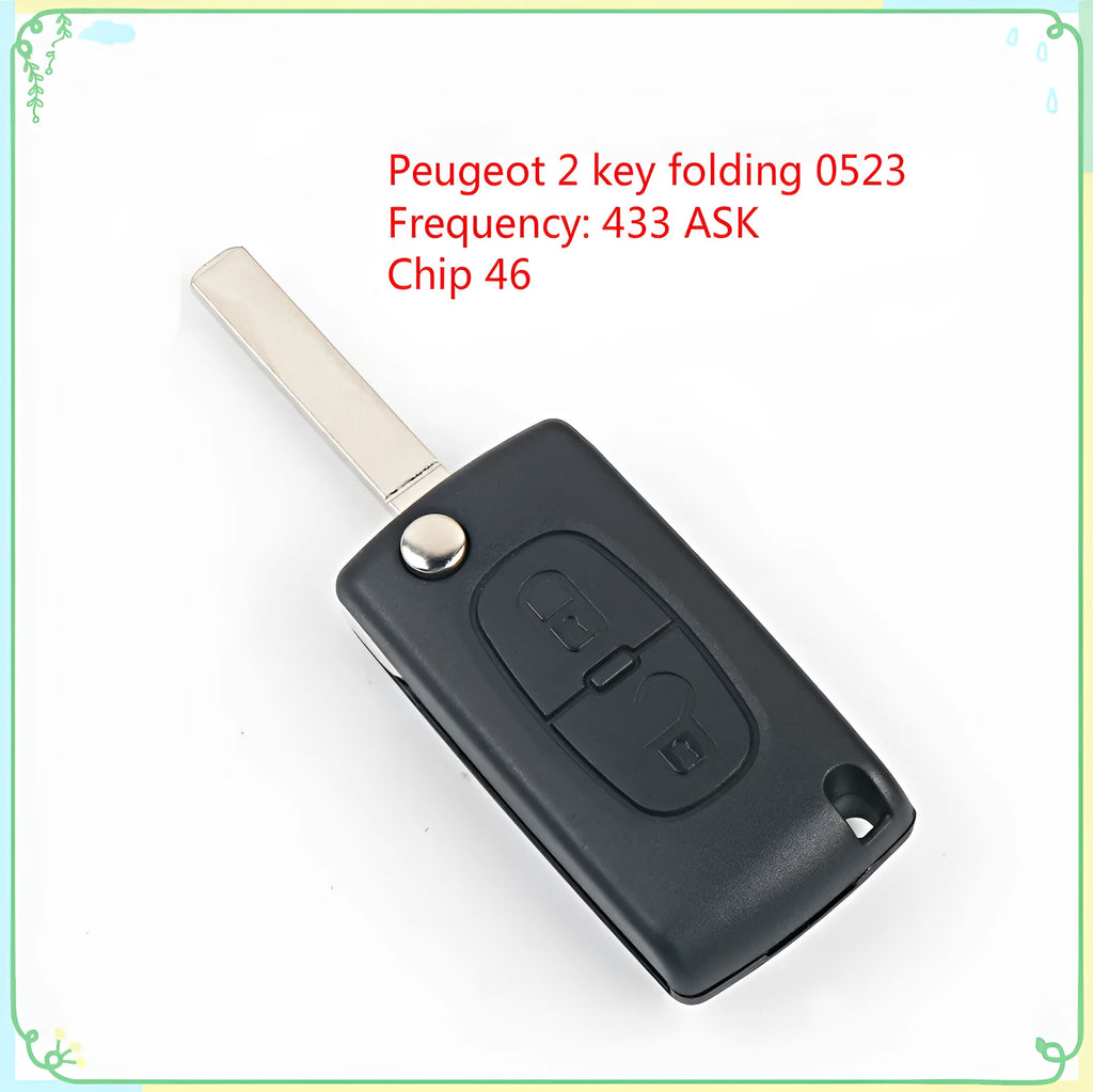 Black folding remote control key for old Peugeot Citroen, 0523 groove, 433MHz, 46 chip, with circuit board battery