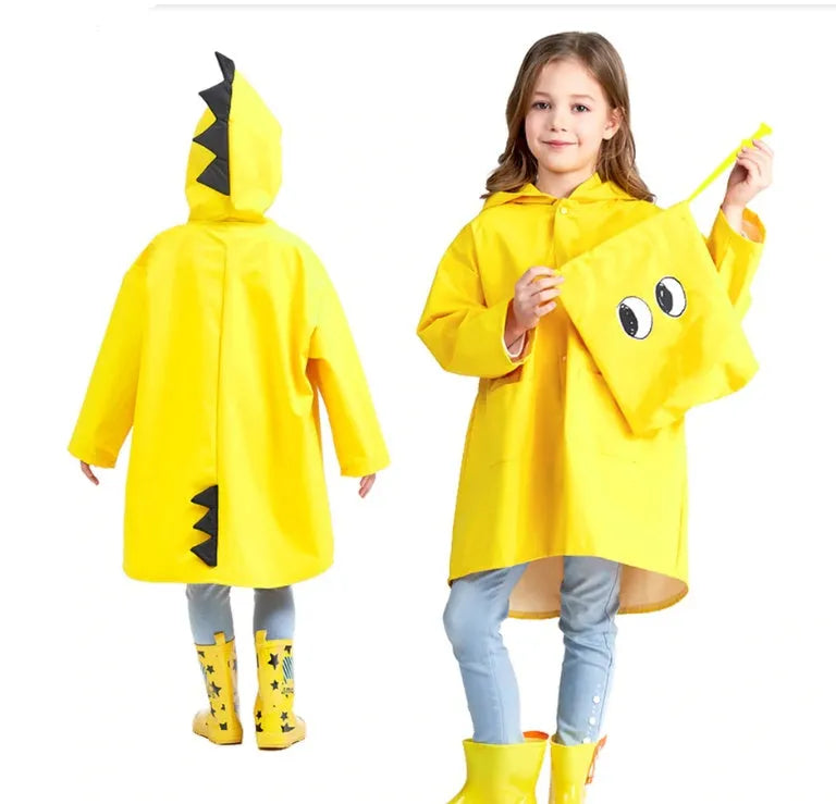 Kids dinosaur raincoat red yellow hooded trench coat waterproof sizes S to 3XL