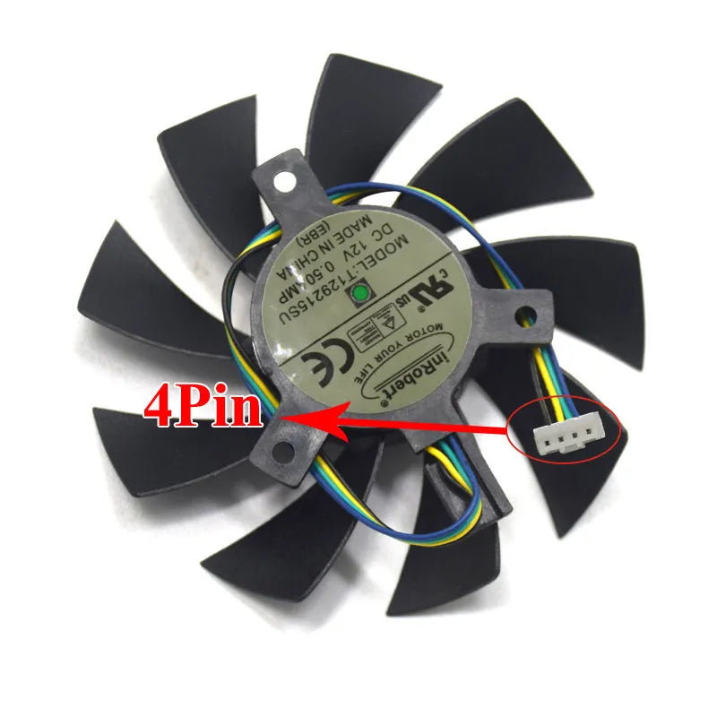 Black 85mm square PC cooling fan with four-pin PWM connector for graphics card replacement