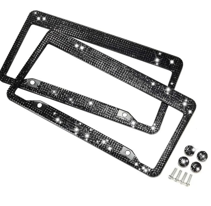 Bling Crystal stainless steel licence plate frame with diamond finish, 31x16cm, black or white, with anti-theft screw caps