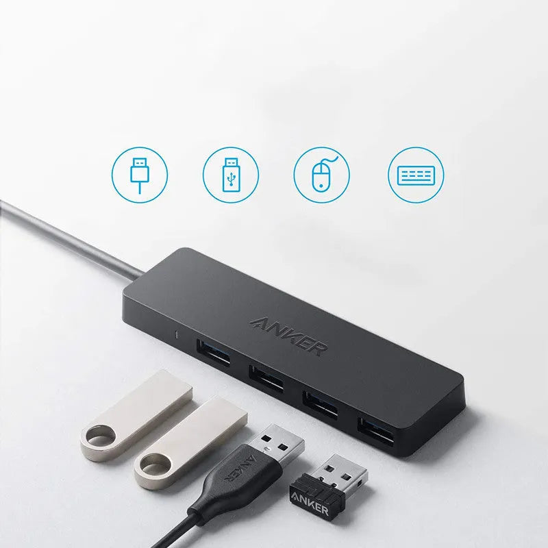 Black Anker 4-port USB 3.0 hub measuring 30x107mm with 20cm connecting cable