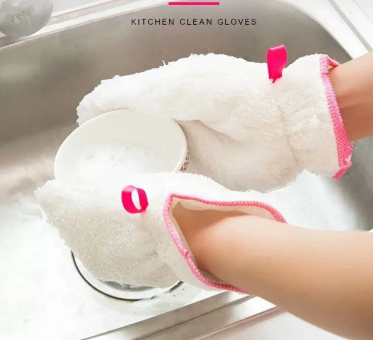 Thick microfiber dishwashing glove in plain white, one size 7-10cm, for kitchen cleaning.