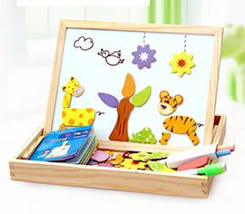 Wooden magnetic puzzle board with animal figures and drawing surface for children