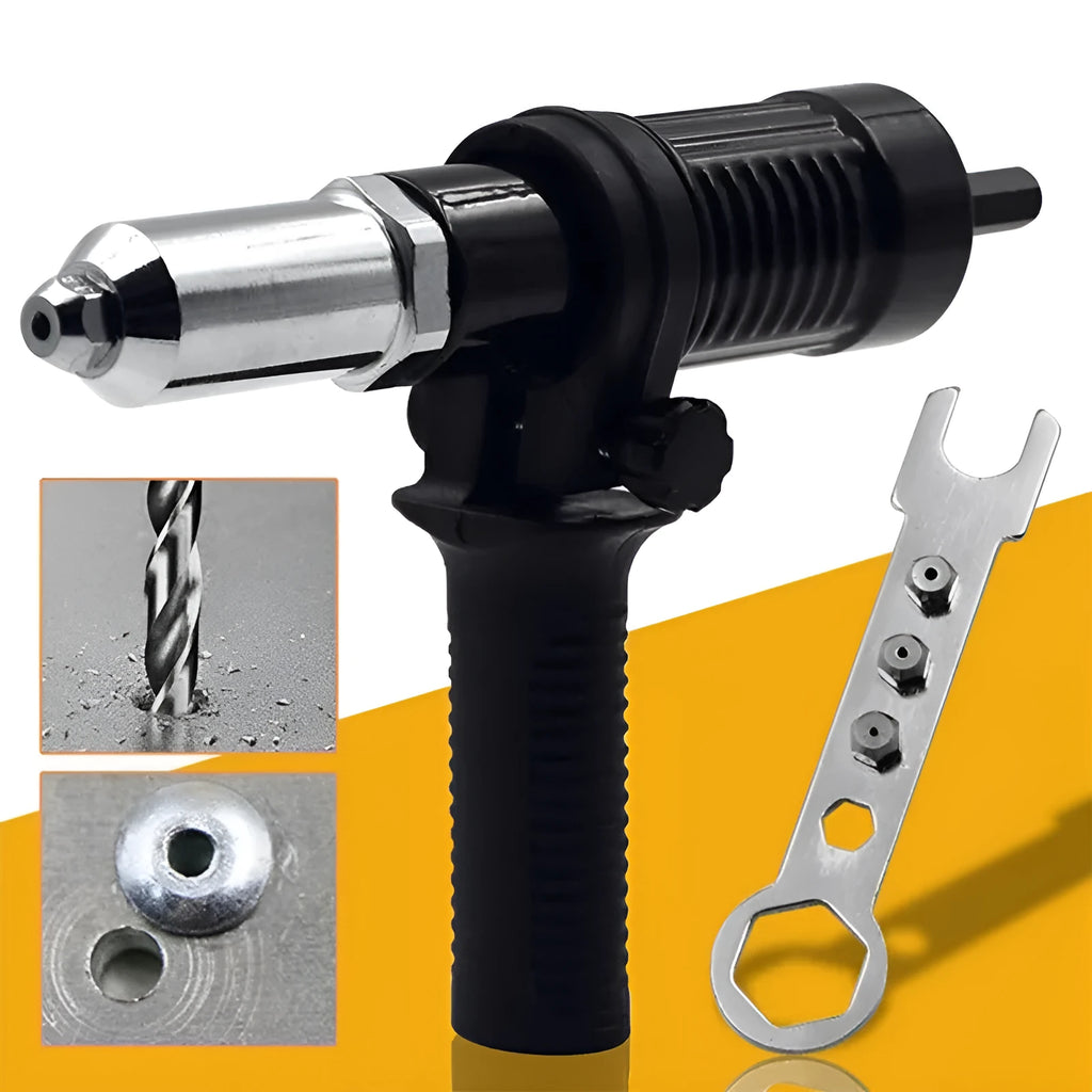 Black metal electric drill rivet gun with handle, wrench, and rivet heads on a workbench.