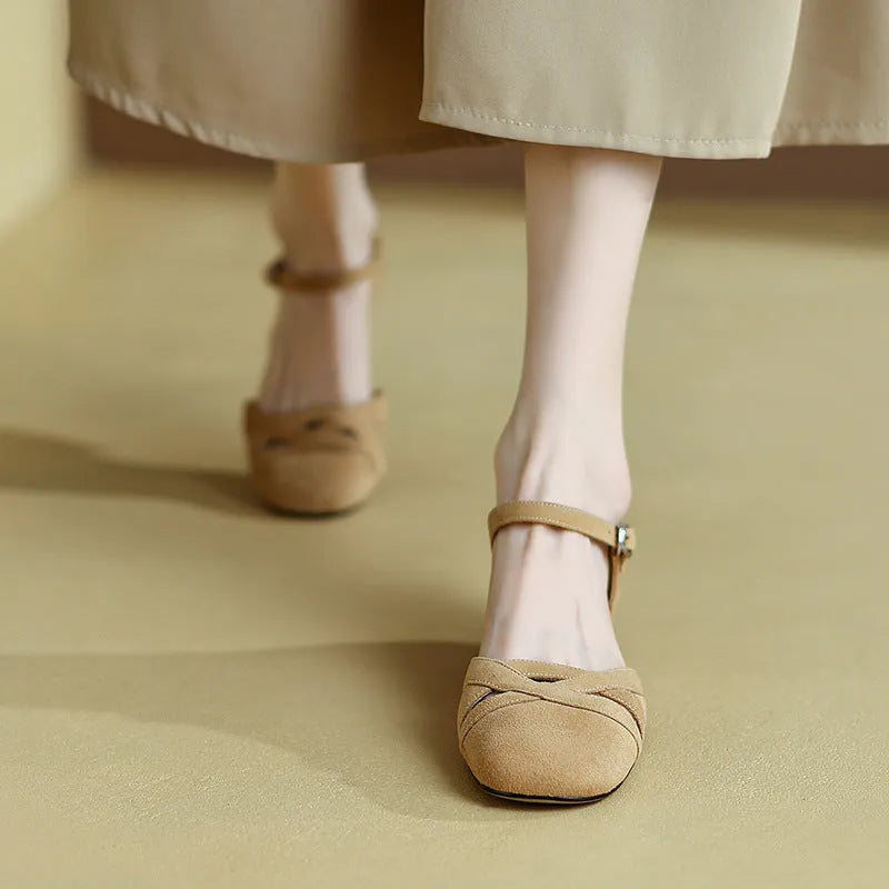 French style retro Roman sandals with buckle fastening in apricot colour showing round toe design