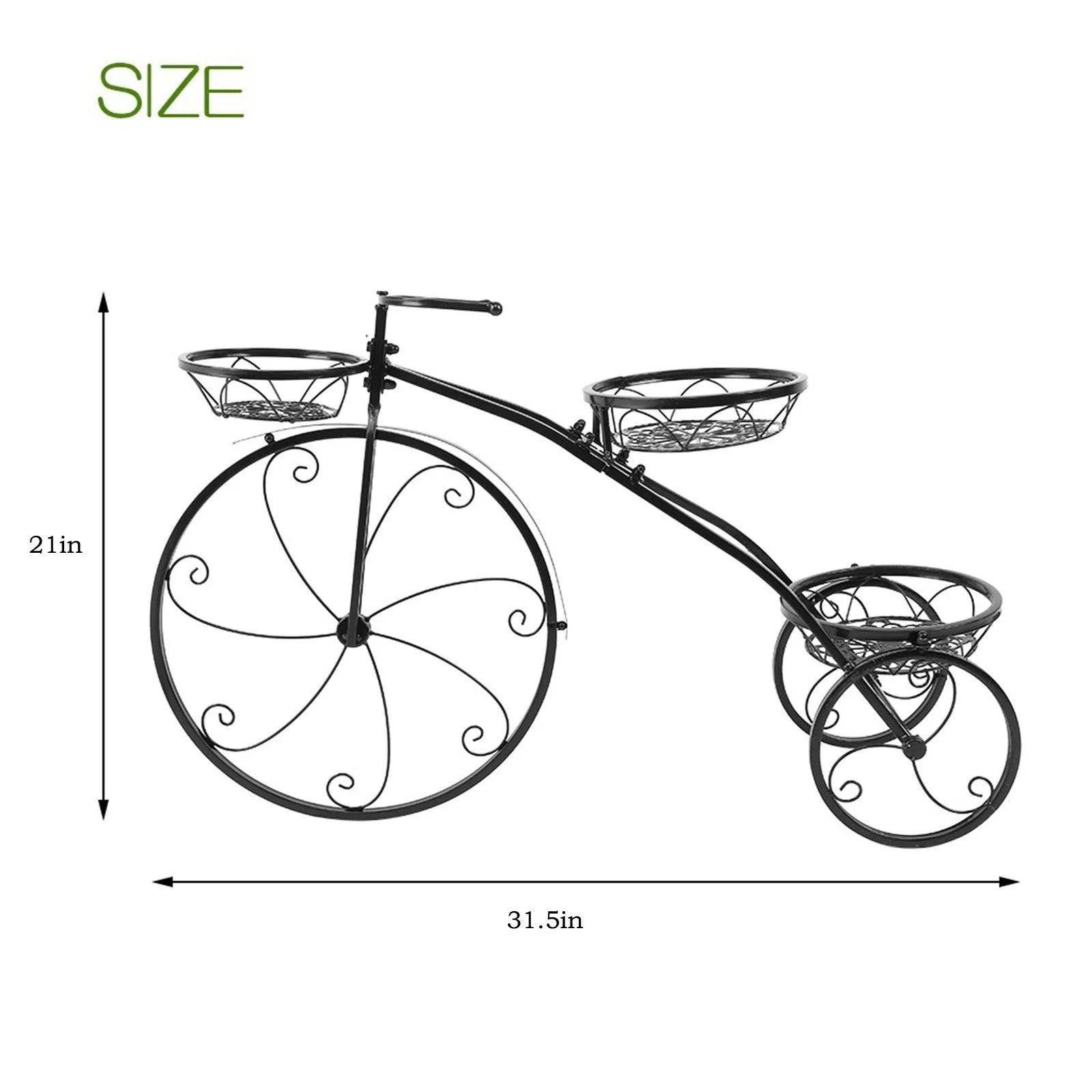 Black wrought iron tricycle plant stand with three round basket tiers and decorative scroll wheels