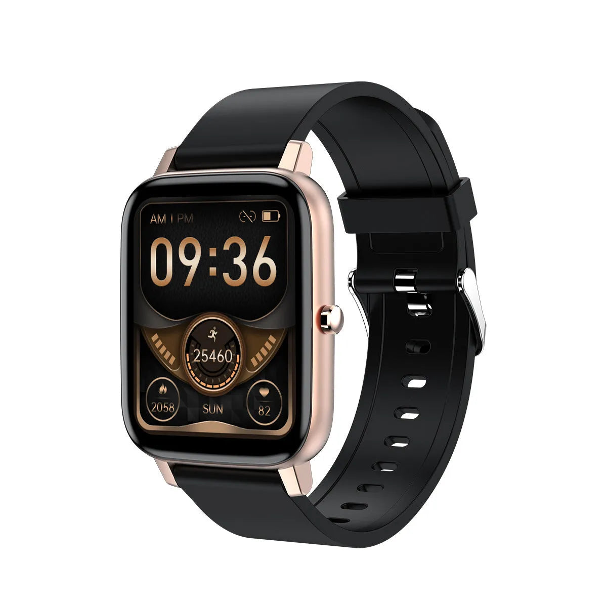 H80 black smartwatch on wrist showing heart rate and time on its 1.69-inch spherical glass screen.