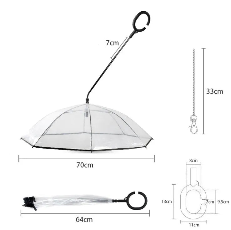 Transparent pet umbrella with white C-shaped handle, 70cm PVC canopy, and fibreglass frame for dog walks in rain
