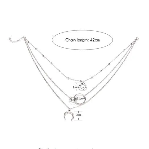 Multilayer boho moon map necklace with matching ring, alloy with electroplated gold finish