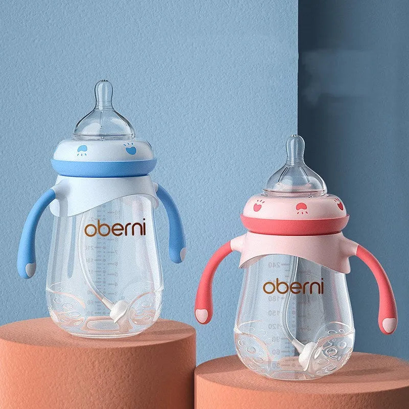 Blue wide caliber baby bottle with handles showing 240ml capacity marking