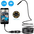 OWSOO USB endoscope camera with 7mm lens, 5m cable, hook, magnet, and side mirror accessories for phone and PC inspections.
