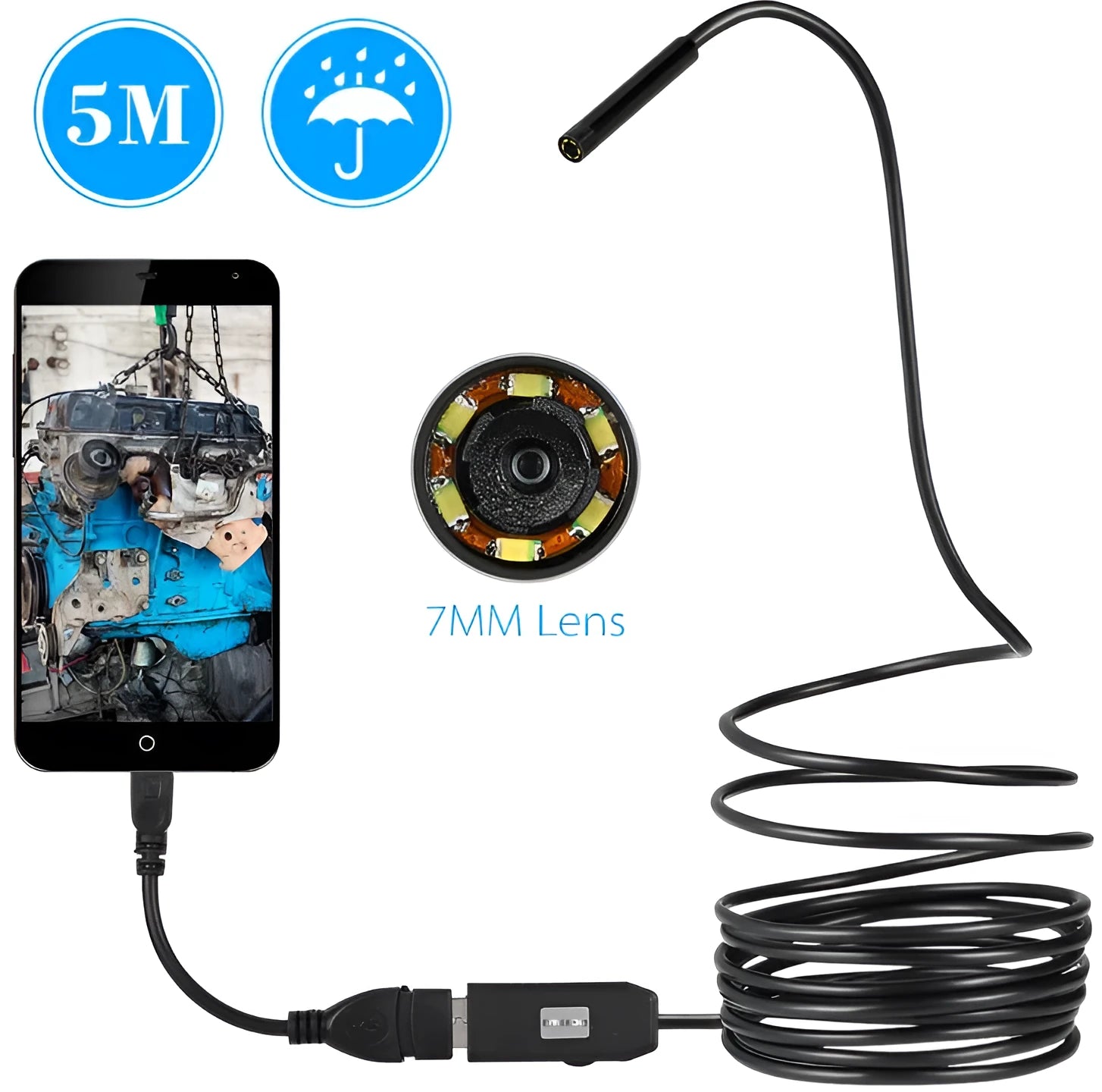 OWSOO USB endoscope camera with 7mm lens, 5m cable, hook, magnet, and side mirror accessories for phone and PC inspections.