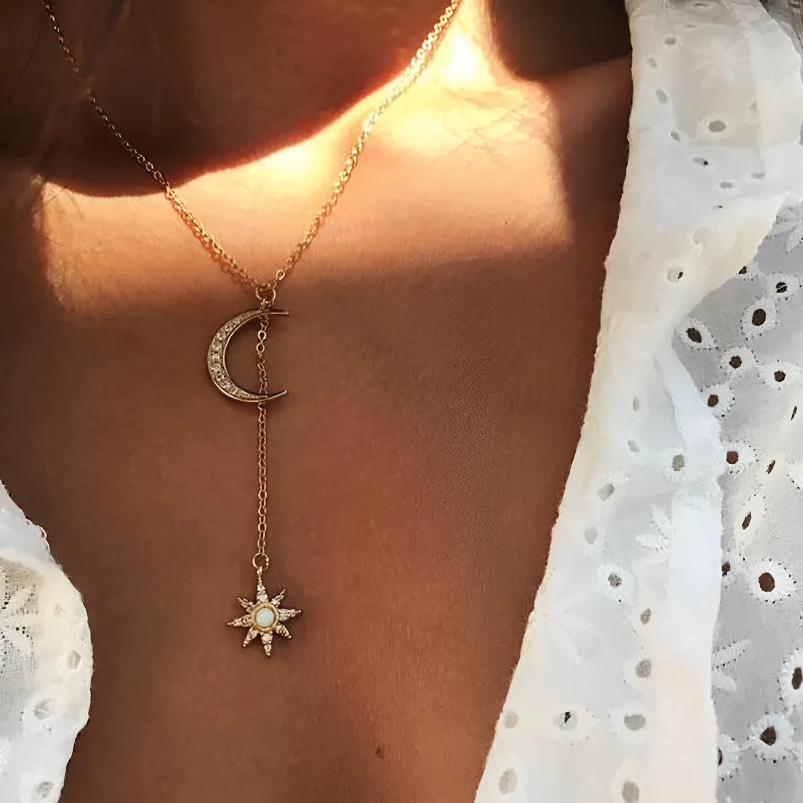 Retro moon sun star pendant necklace on snake bone chain, gold plated finish