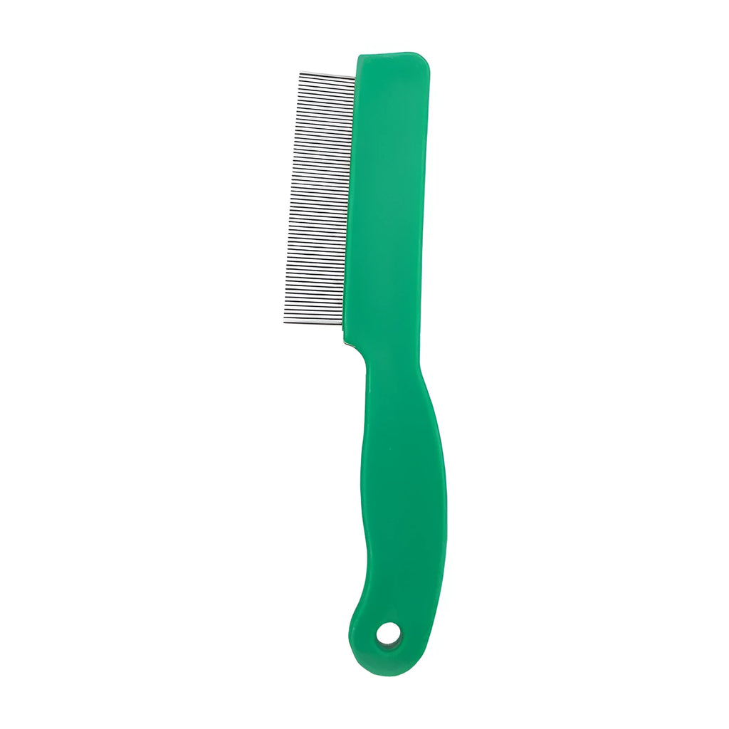 Green pet flea comb with stainless steel pins and plastic handle for dogs and cats grooming