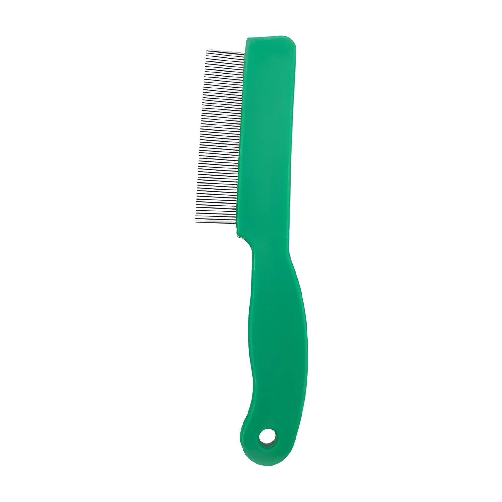 Green pet flea comb with stainless steel pins and plastic handle for dogs and cats grooming