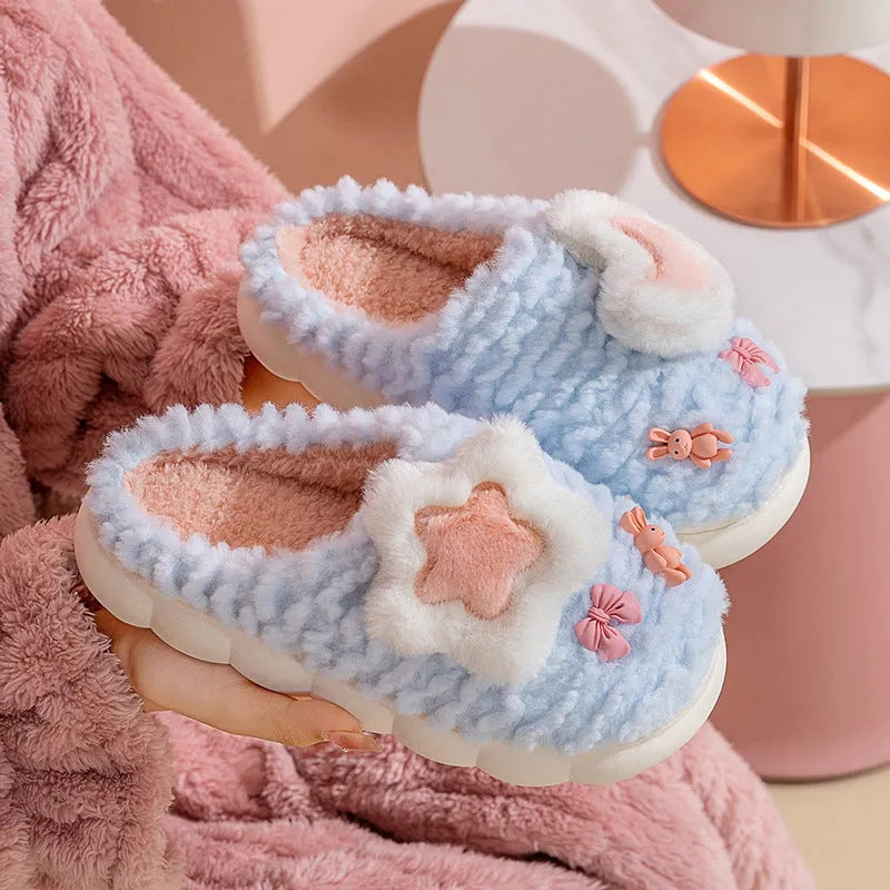 Women's light blue fleece-lined cotton slippers with cartoon animal pattern and toe holder design