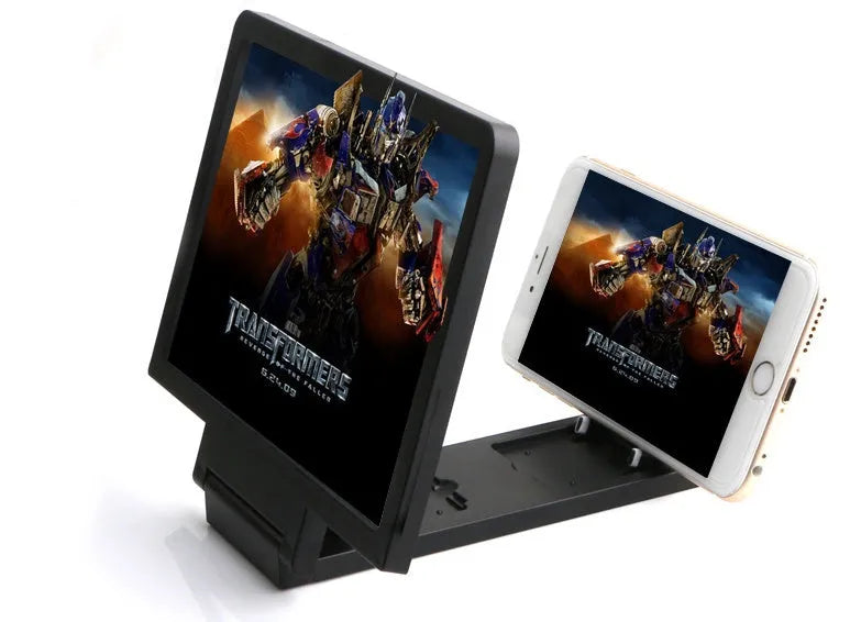 Black and white portable smartphone screen magnifier measuring 18cm by 12cm with protective storage case.