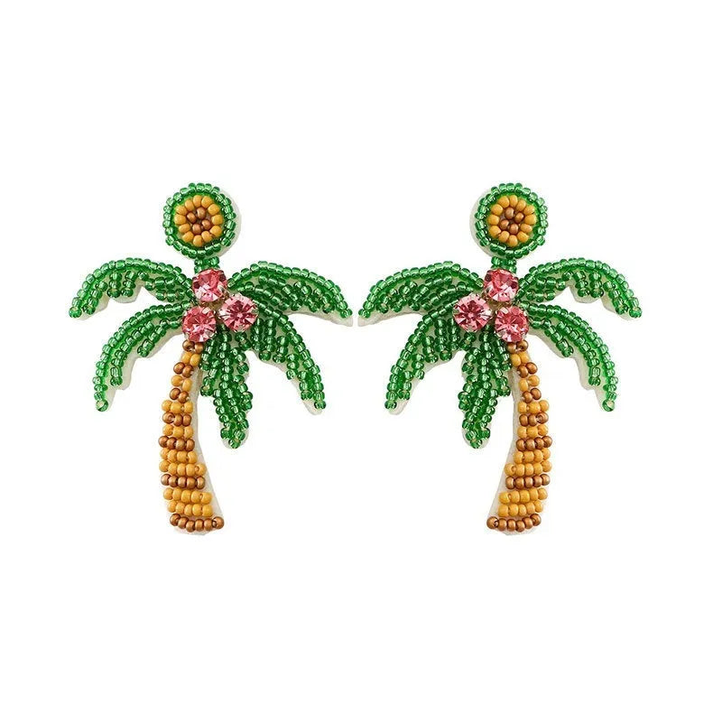 Green handmade beaded ring earrings with fruit-shaped glass and coloured glaze beads on alloy fittings