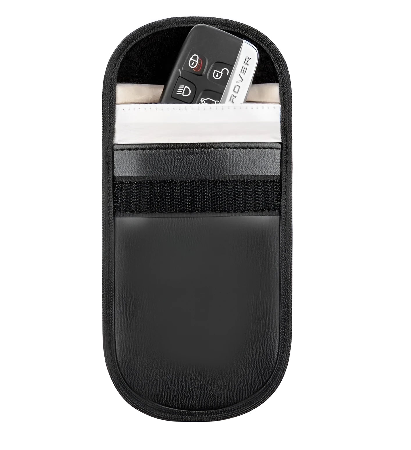 Black plain microfiber faraday cage bag for blocking RFID and phone signals, shown with a key fob inside.