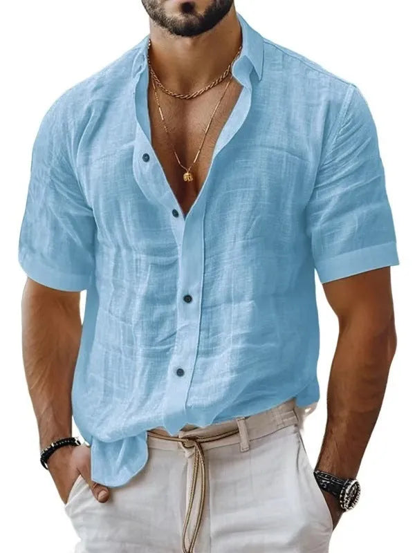 Men's short sleeve lapel shirt in a solid colour, showing cardigan style and polyester fabric.