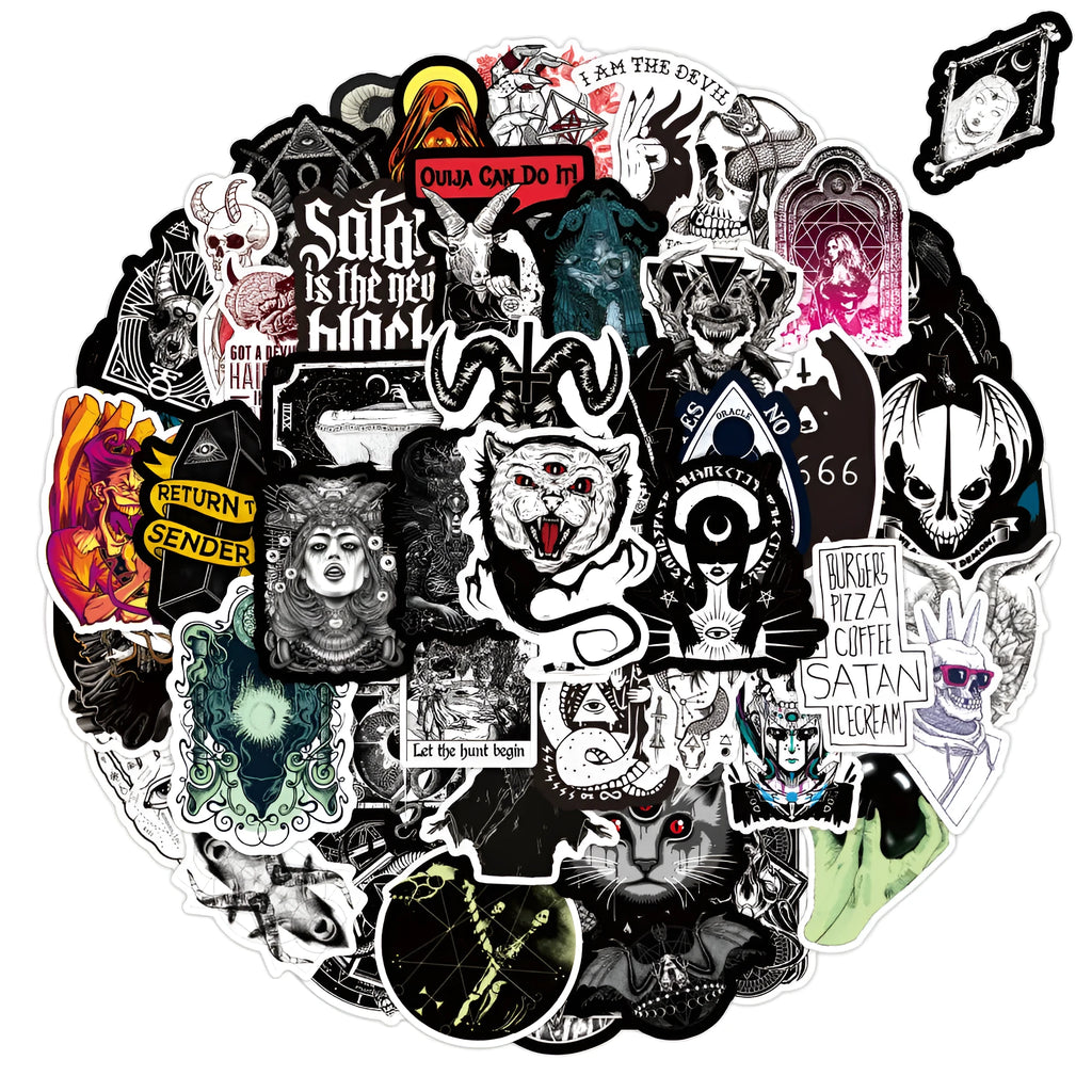 50 black and white gothic devil punk graffiti stickers on PVC matte waterproof film, 7cm each