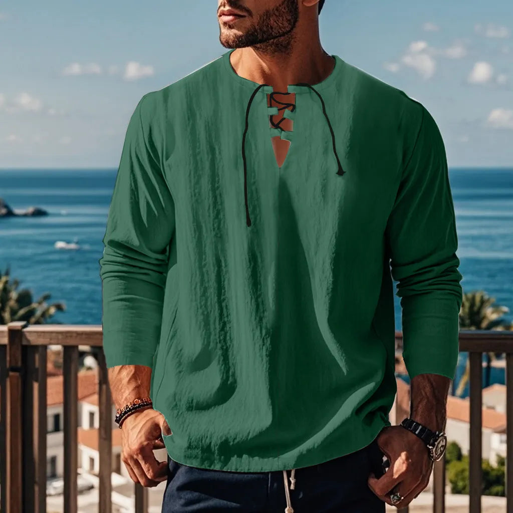Solid colour cotton linen loose pullover shirt with ruff detail on a hanger