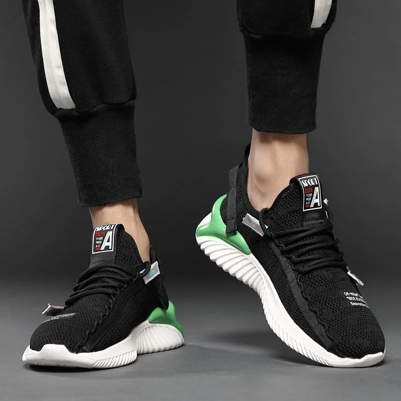 Men's breathable casual mesh shoes in black with flying woven upper and rubber sole