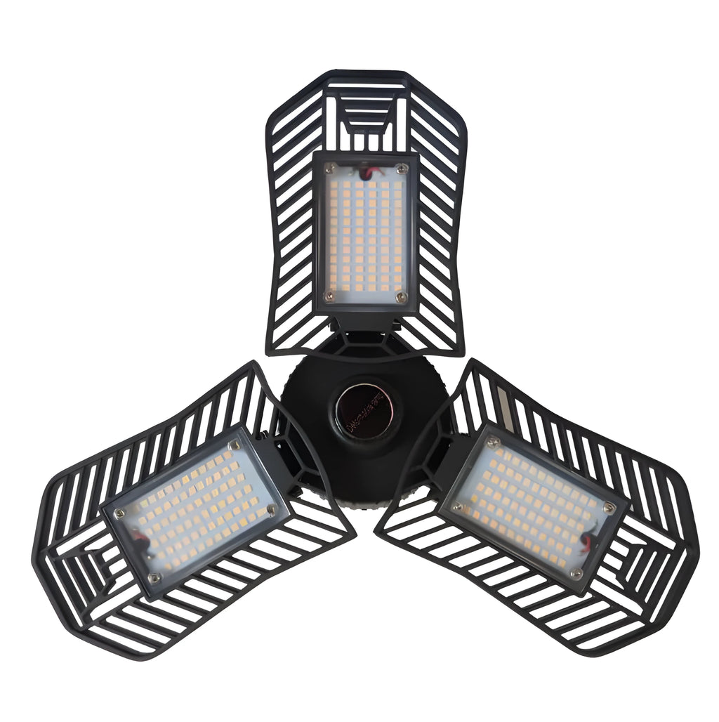 Industrial foldable waterproof LED garage lamp with die-cast aluminium housing shown in a workshop setting.