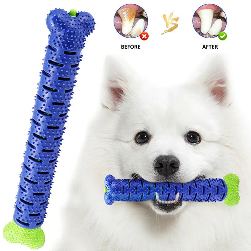 Blue and green dog chew toy toothbrush with treat dispenser on white background