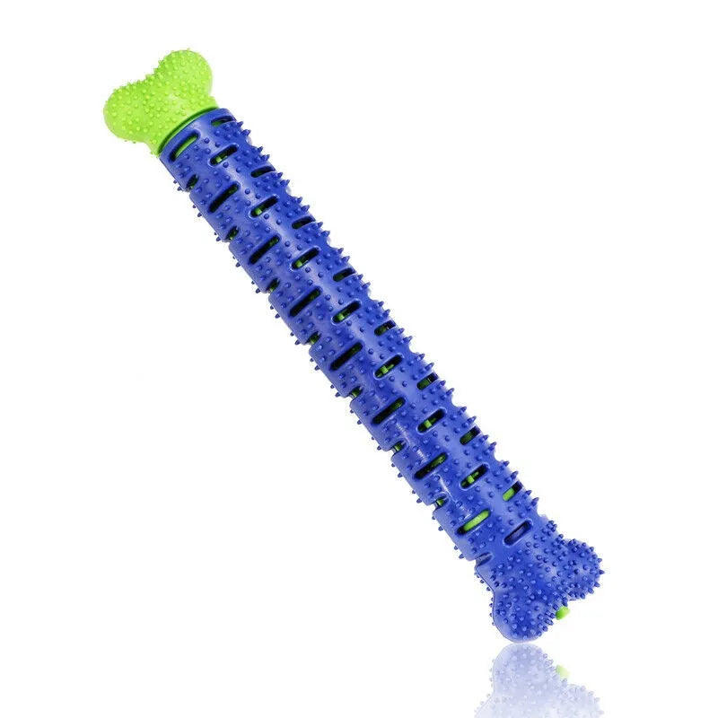Blue and green dog chew toy toothbrush with treat dispenser on white background