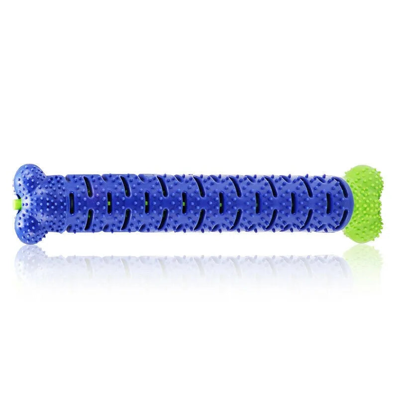 Blue and green dog chew toy toothbrush with treat dispenser on white background