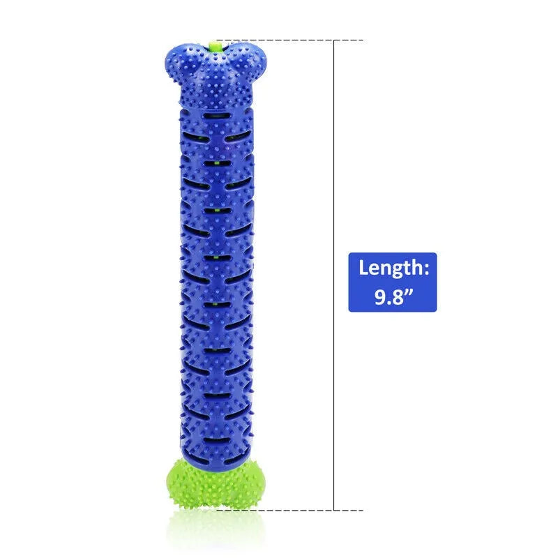 Blue and green dog chew toy toothbrush with treat dispenser on white background