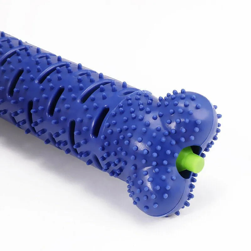 Blue and green dog chew toy toothbrush with treat dispenser on white background