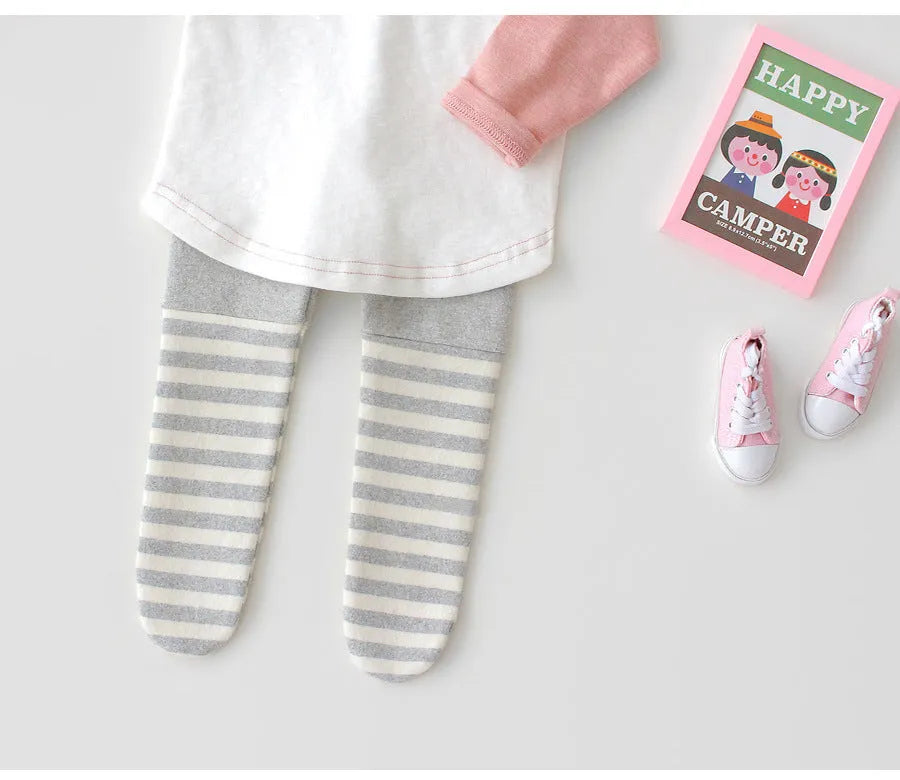 Girls stitched striped tights, middle waist, trouser length, available in Black, Grey, and White, sizes 66cm to 90cm