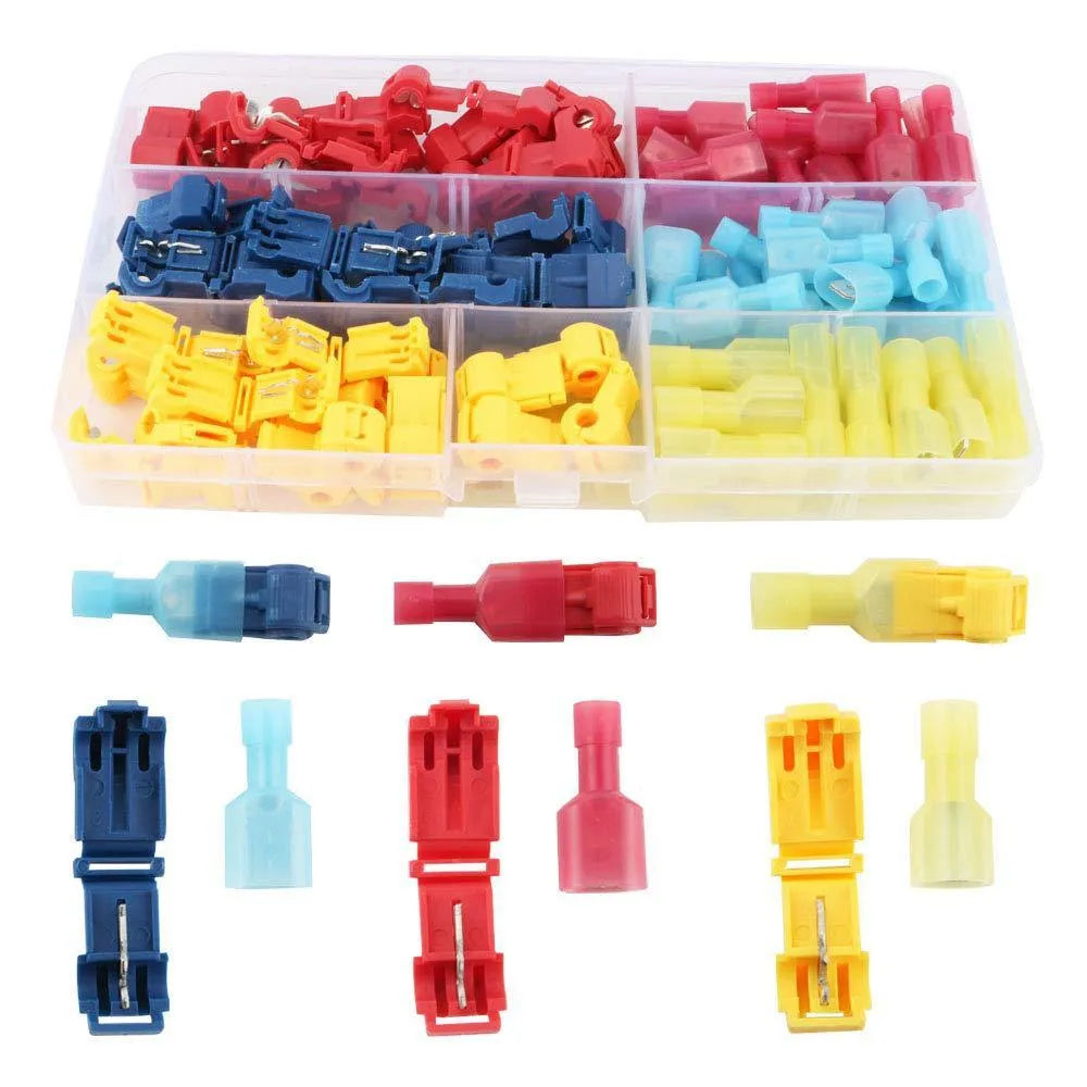 Quick connection box terminal set with PVC brass tinplate spade connectors in red, blue, and yellow, 2.5cm to 3.7cm lengths, 6.3mm spade width