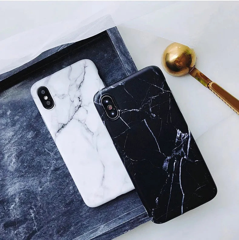 Silicone marble and camouflage phone case for iPhone 6 to XS Max in white crack, black crack, white marble, red, and nude