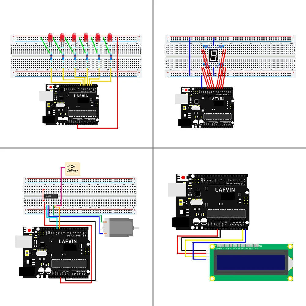 LAFVIN Arduino UNO R3 Super Starter Kit showing blue development board, breadboard, LEDs, sensors, and motors
