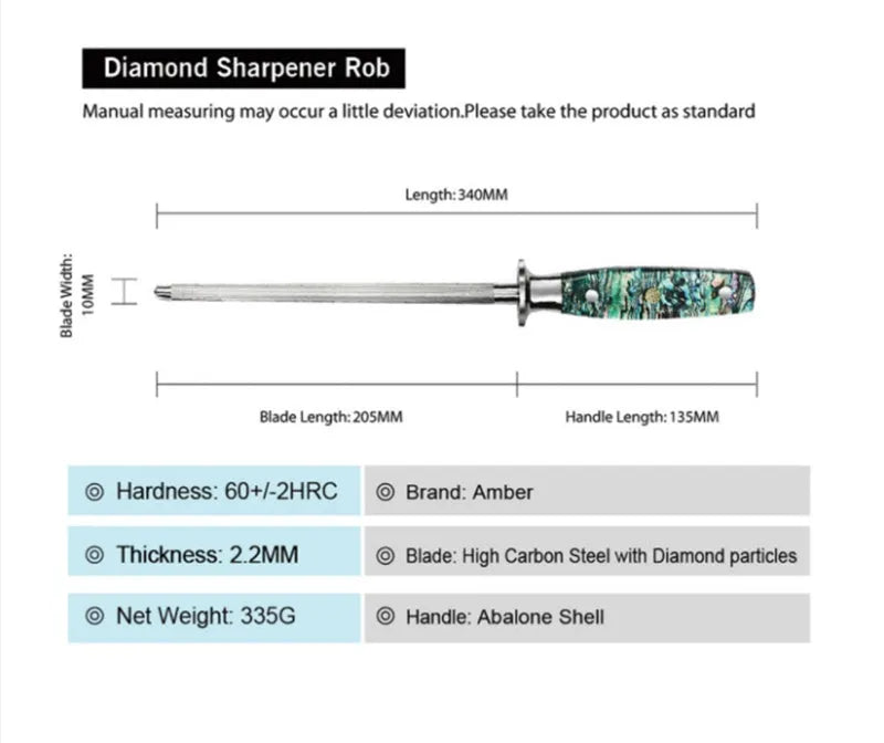 High carbon steel kitchen knife sharpener with abalone shell handle showing 2.2mm thickness