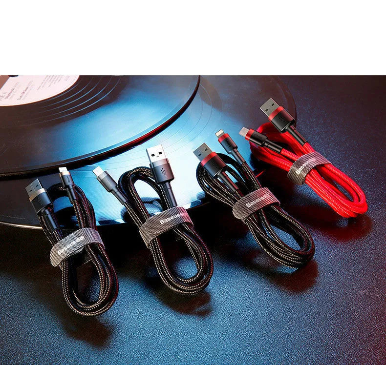 Braided nylon Lightning charging cable for iPhone in red and black colour option, showing 1m length.